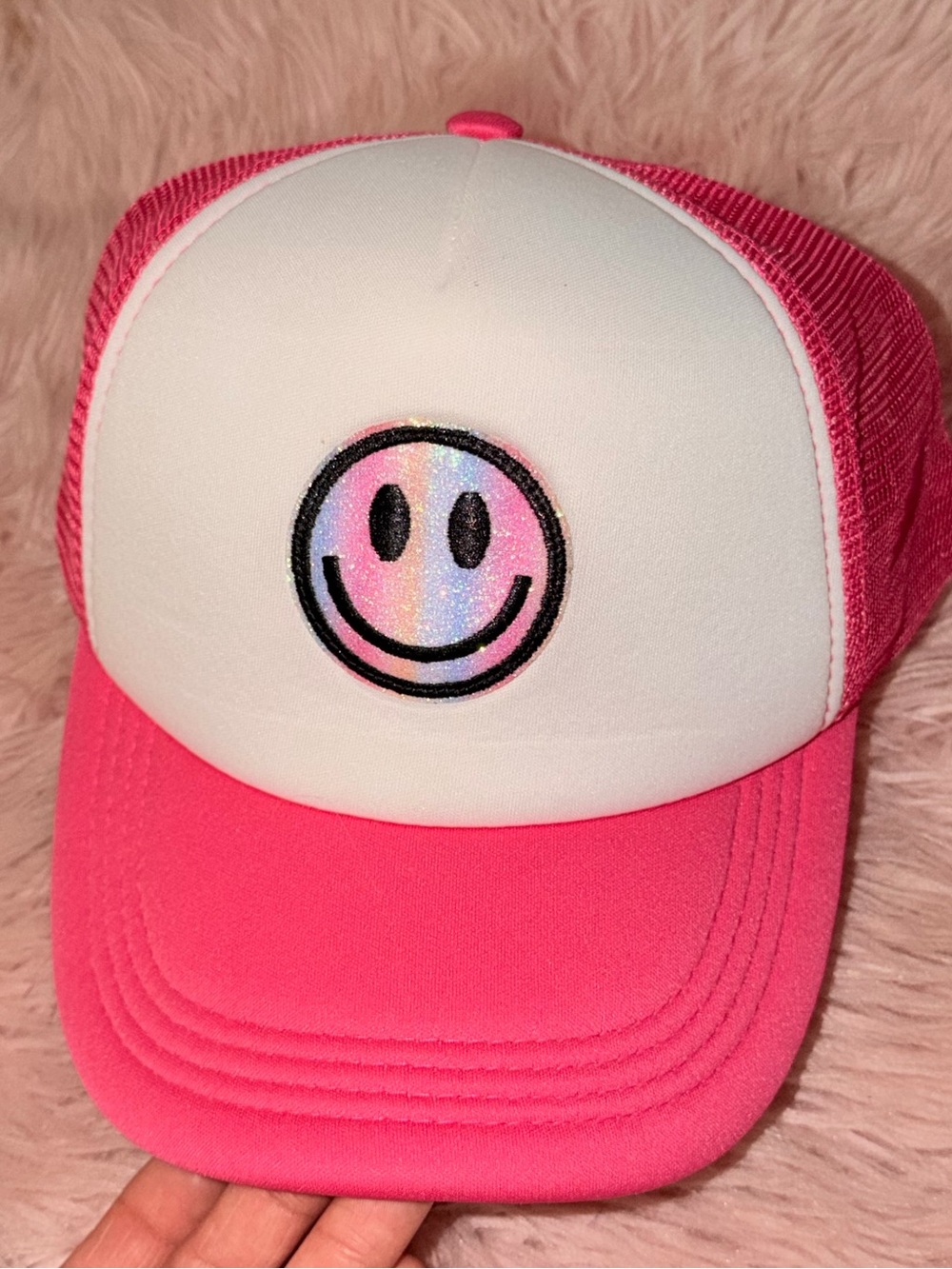 Old Navy White Front Pink Mesh Trucker Hat with Holographic Smiley